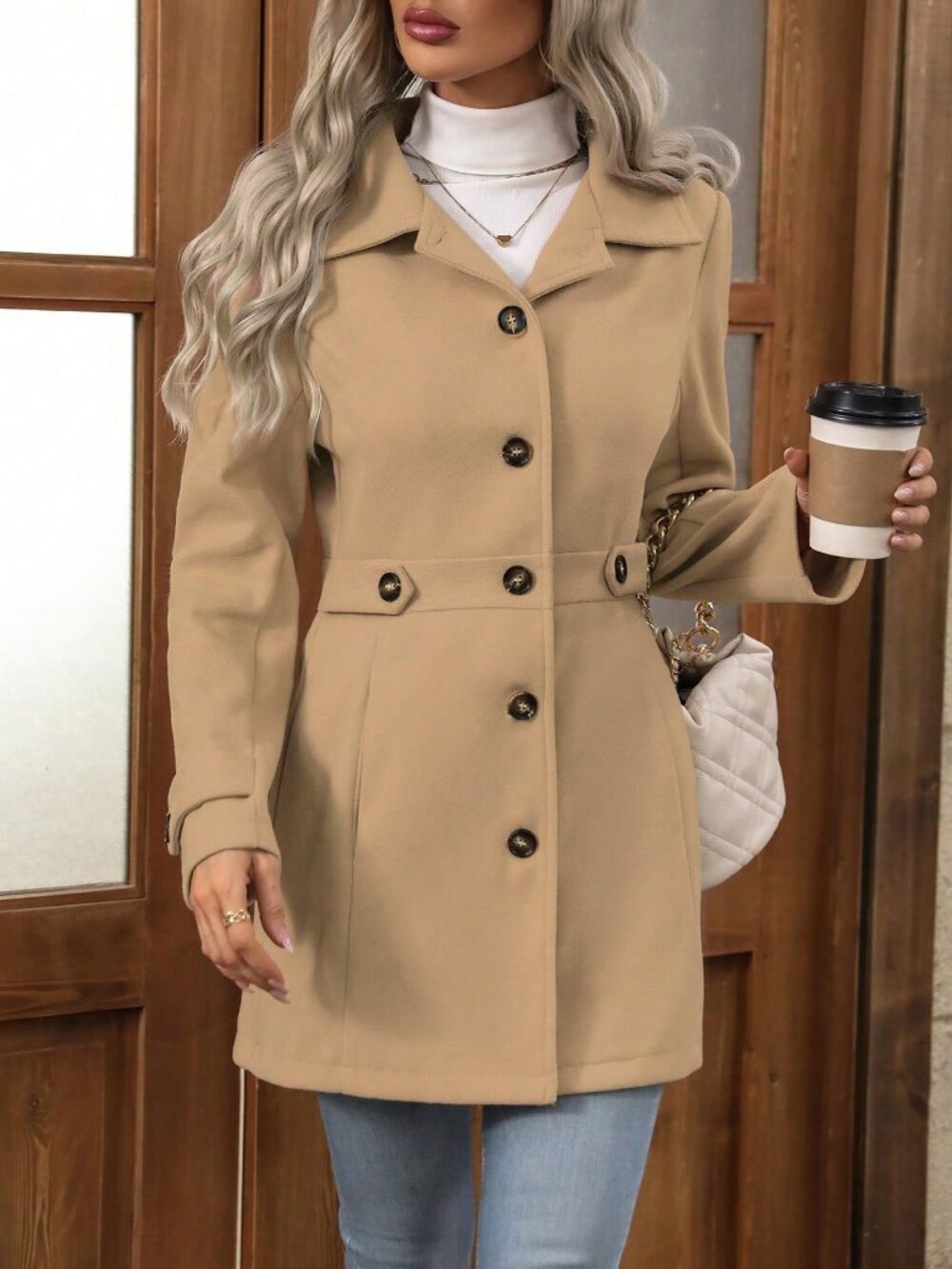 Camel Casual Women's Elegant Front Button Coat